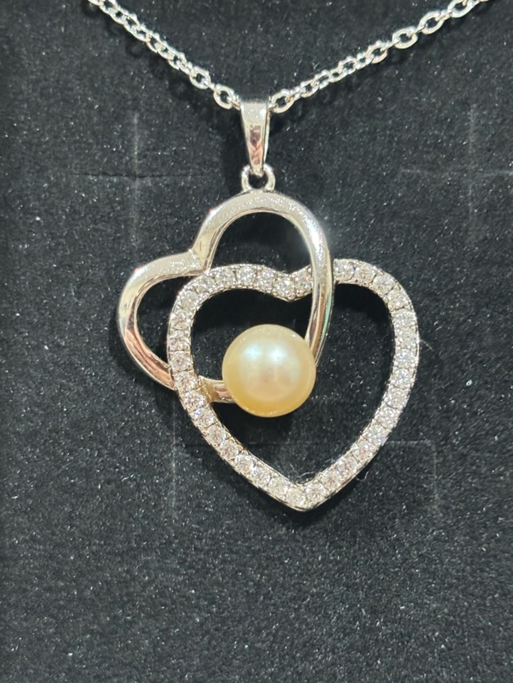 925 sterling Silver Heart Pendant Necklace with pearl Pearl and cz accent stones